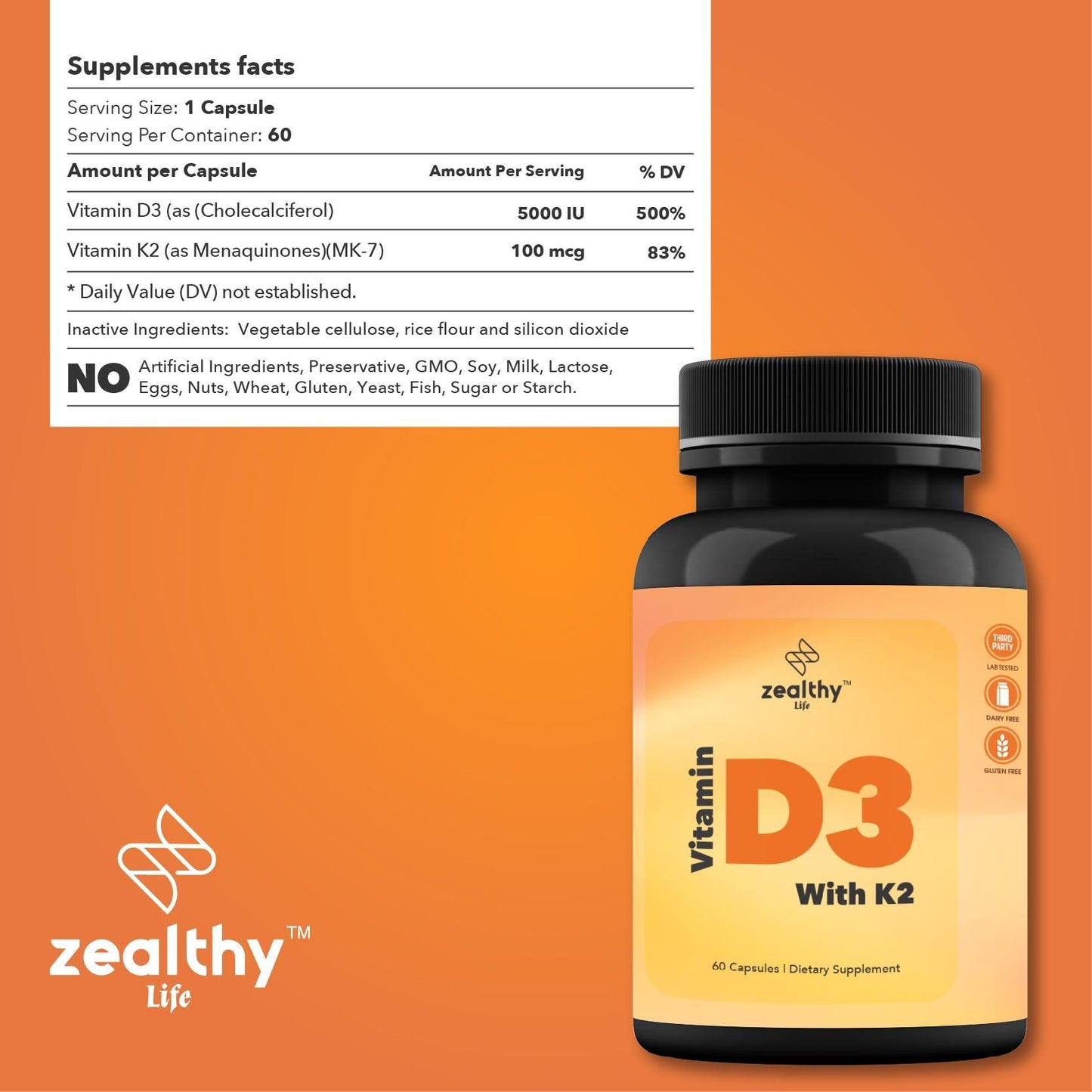 Zealthy Life   Vitamin D3 with K2 60 Capsules