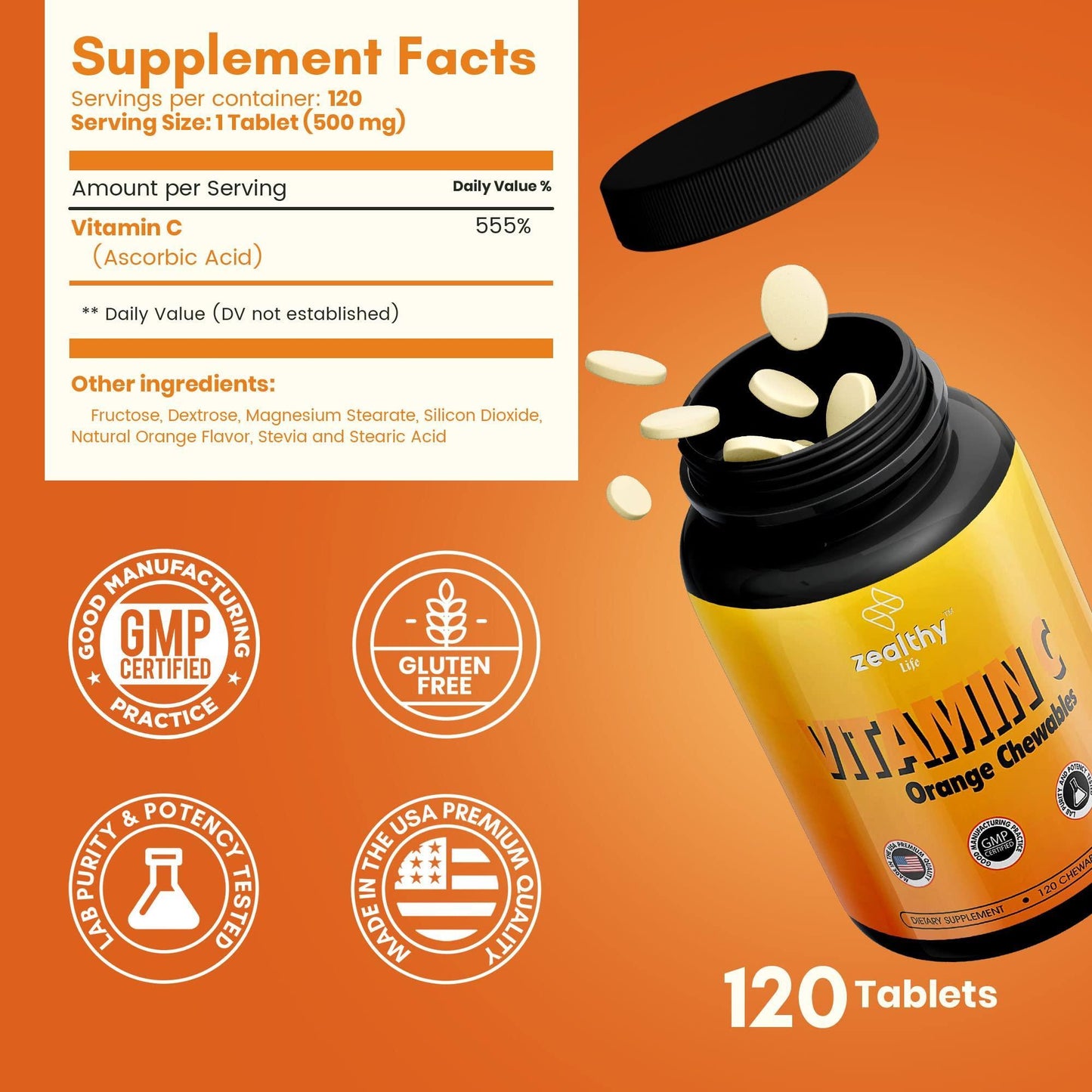 Vitamin C 500mg Orange Vitamin C Chewable Immune Support Supplement with Antioxidants Alternative to Immune Support Gummies