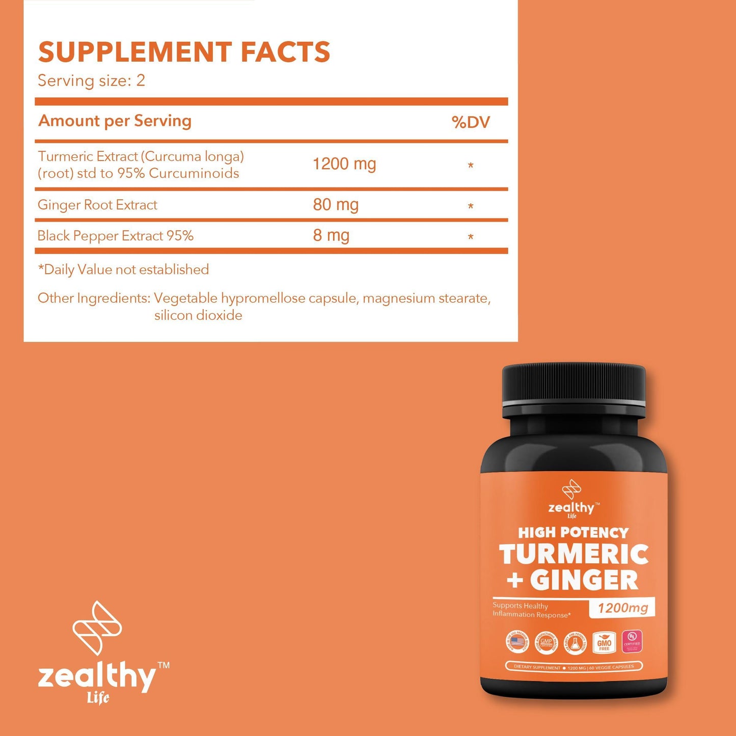 Zealthy Life   High Potency 1200mg Turmeric and Ginger Supplement Antioxidant Ginger & Turmeric Supplement Turmeric Ginger Supplements for Joint Support Renewing Ginger & Turmeric Capsules* 180