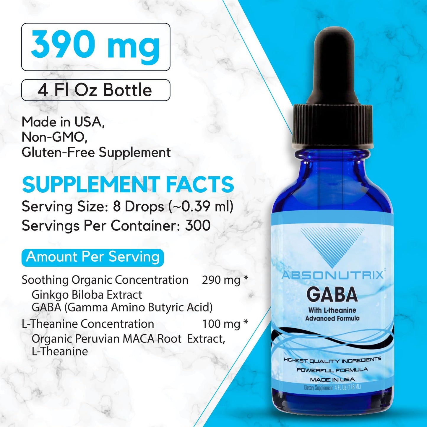 GABA with L Theanine 290 mg 4 Oz Liquid 300 Servings Made in USA Quick Absorption Quality Potent Ingredients Non GMO GMP Certified Facility Cruelty Free Products