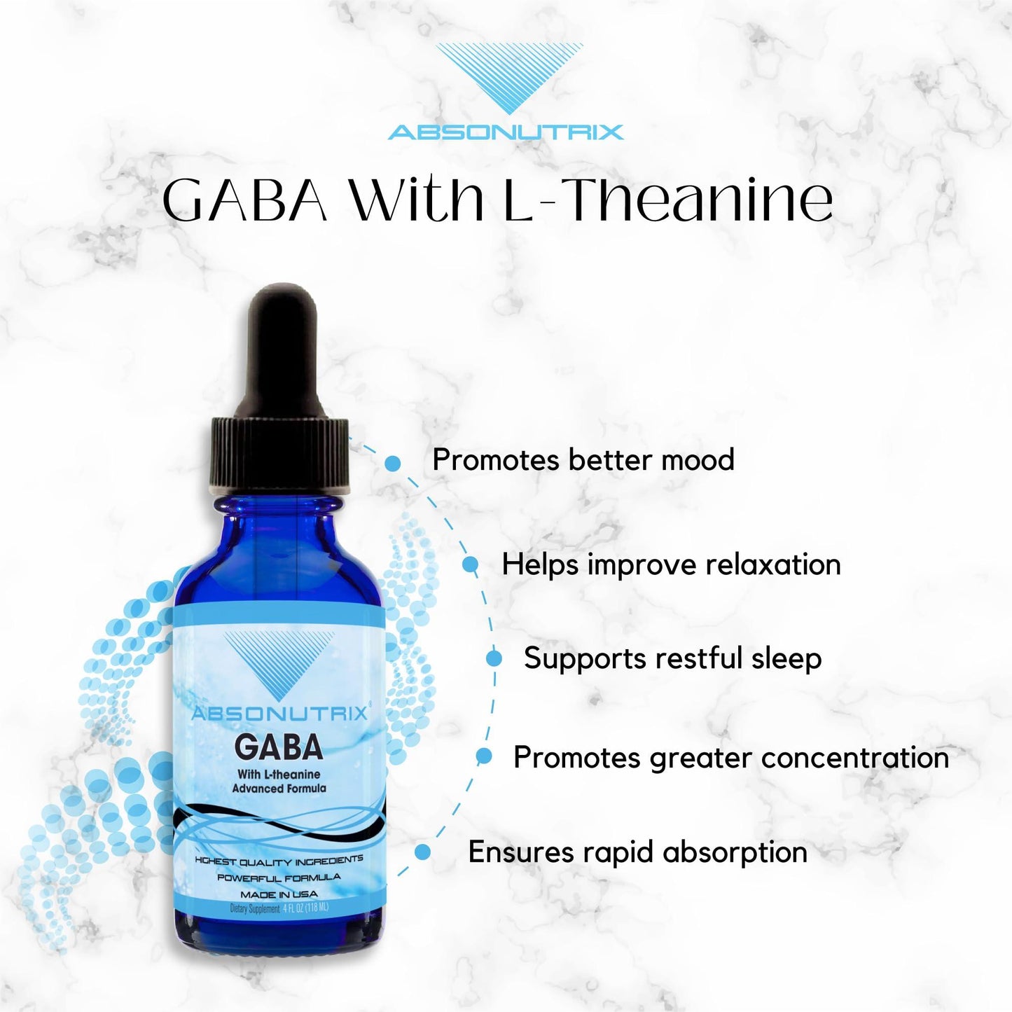GABA with L Theanine 290 mg 4 Oz Liquid 300 Servings Made in USA Quick Absorption Quality Potent Ingredients Non GMO GMP Certified Facility Cruelty Free Products