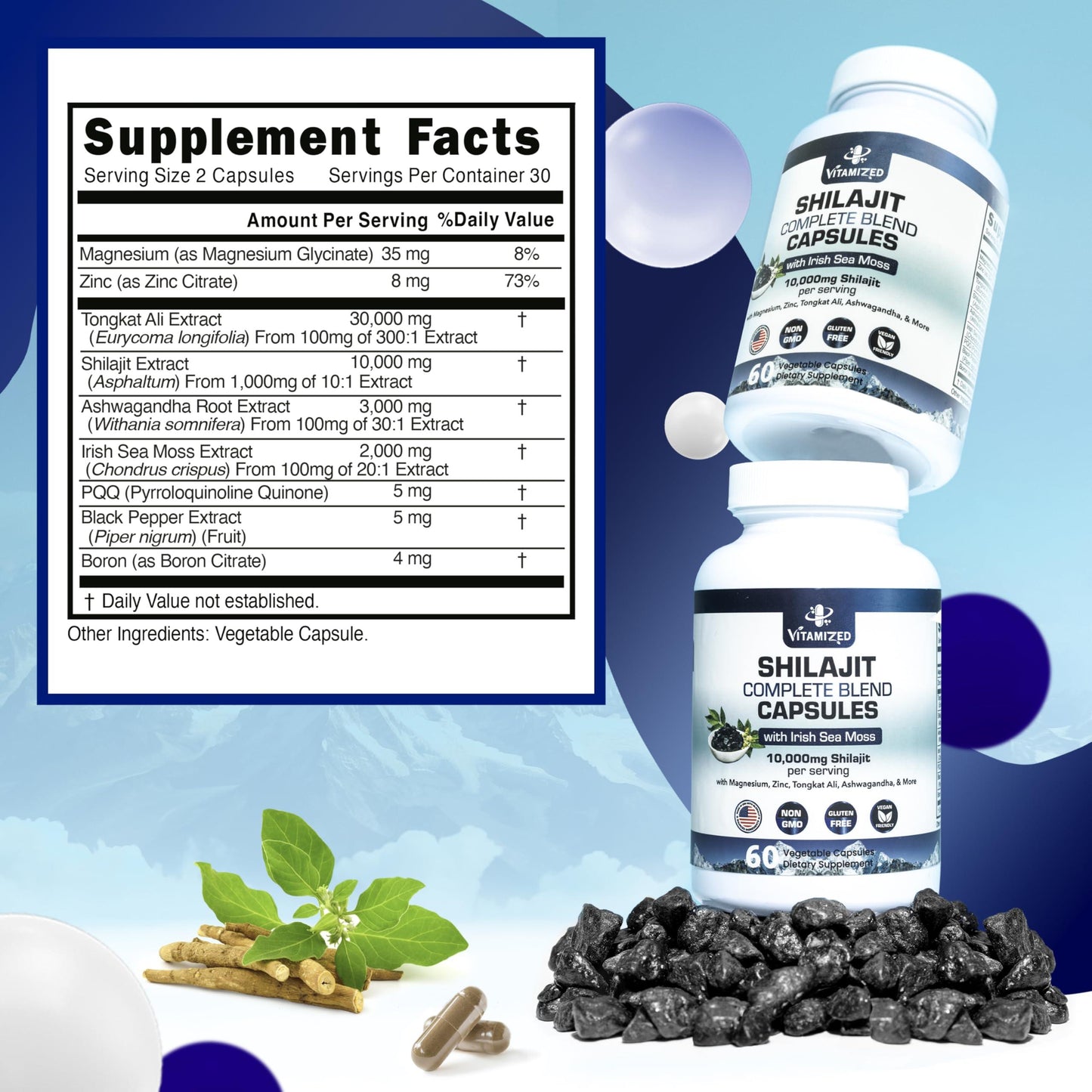 Pure Himalayan Shilajit for Men   Boost Stamina & Athleticism Support Metabolism & Energy | 10000mg Shilajit Ashwagandha Supplements   Irish Sea Moss Tongkat Ali PQQ & More   60 Shilajit Capsules