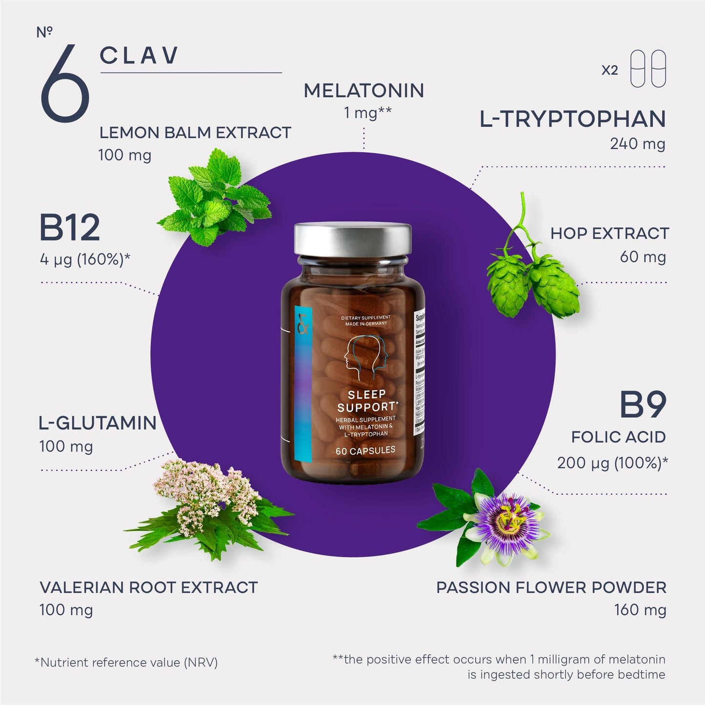 N°6 Natural Sleep Support with Melatonin 1 mg & L Tryptophan   Passionflower Valerian Root & More   Enhanced Sleep Supplement   60 Capsules for Restful Nights