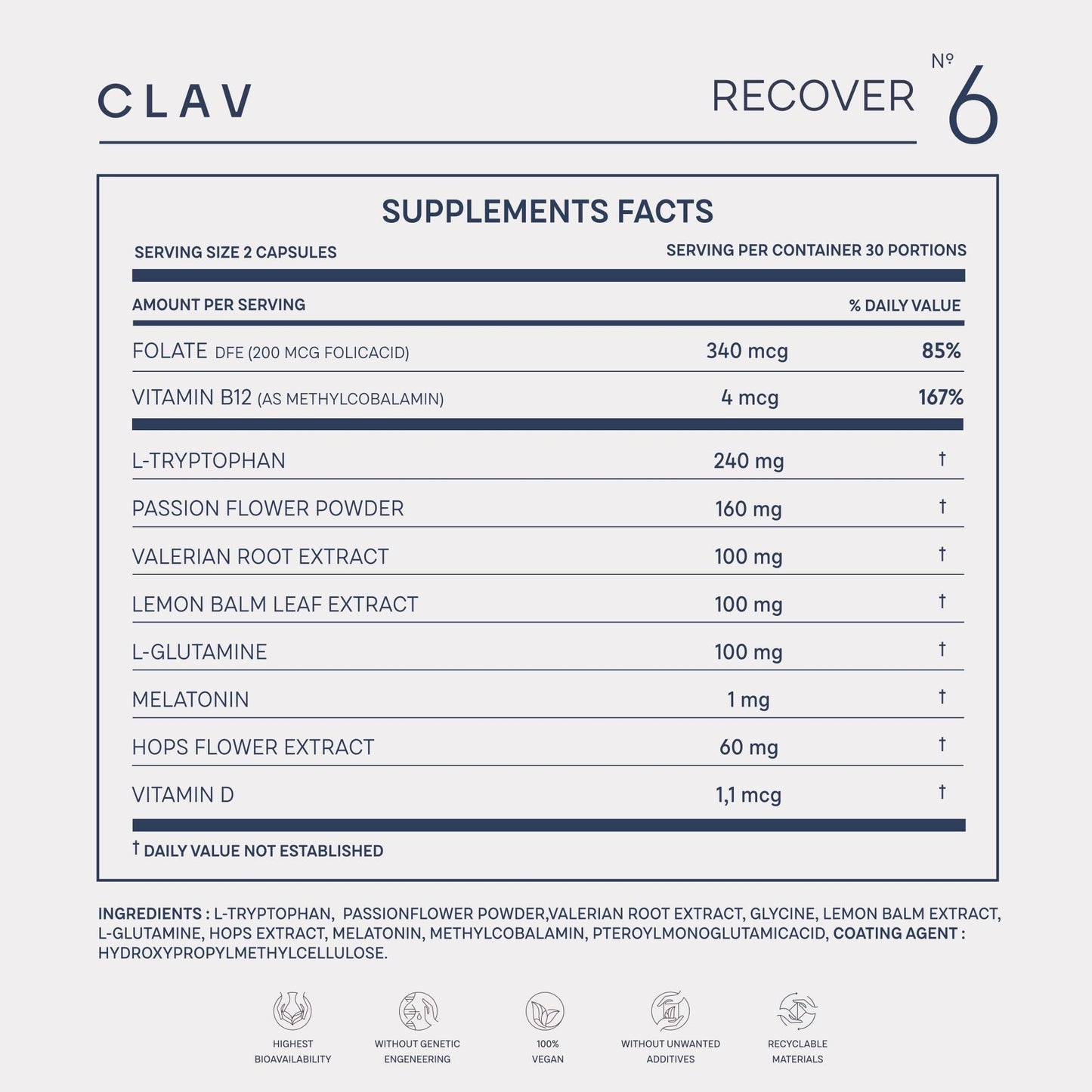 N°6 Natural Sleep Support with Melatonin 1 mg & L Tryptophan   Passionflower Valerian Root & More   Enhanced Sleep Supplement   60 Capsules for Restful Nights