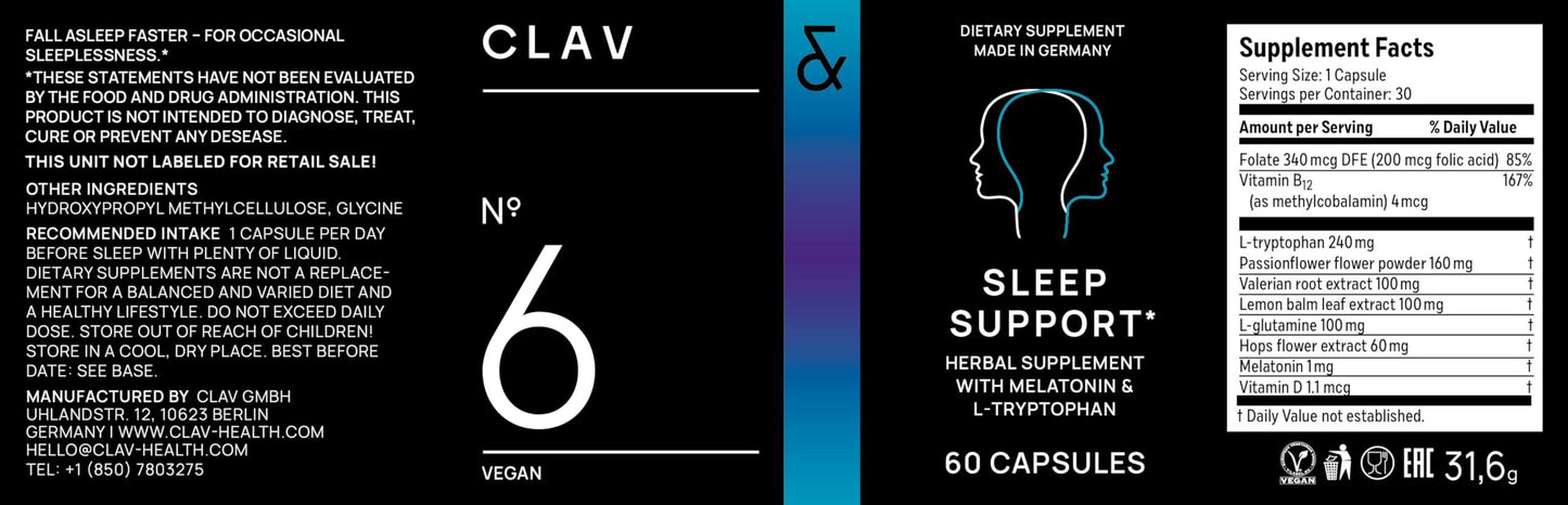 N°6 Natural Sleep Support with Melatonin 1 mg & L Tryptophan   Passionflower Valerian Root & More   Enhanced Sleep Supplement   60 Capsules for Restful Nights