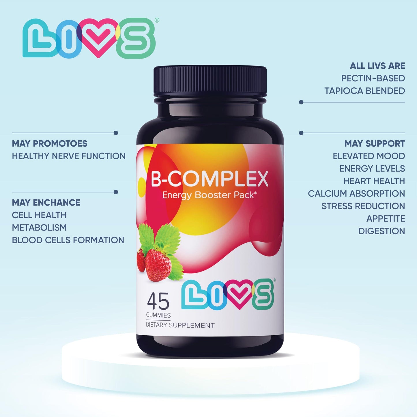 LIVS Energy B Complex Vitamin Gummies with B3, B6, B12, and Biotin, Energy and Vitamin B Gummies, No Artificial Flavors, Strawberry Flavor, 45 Count