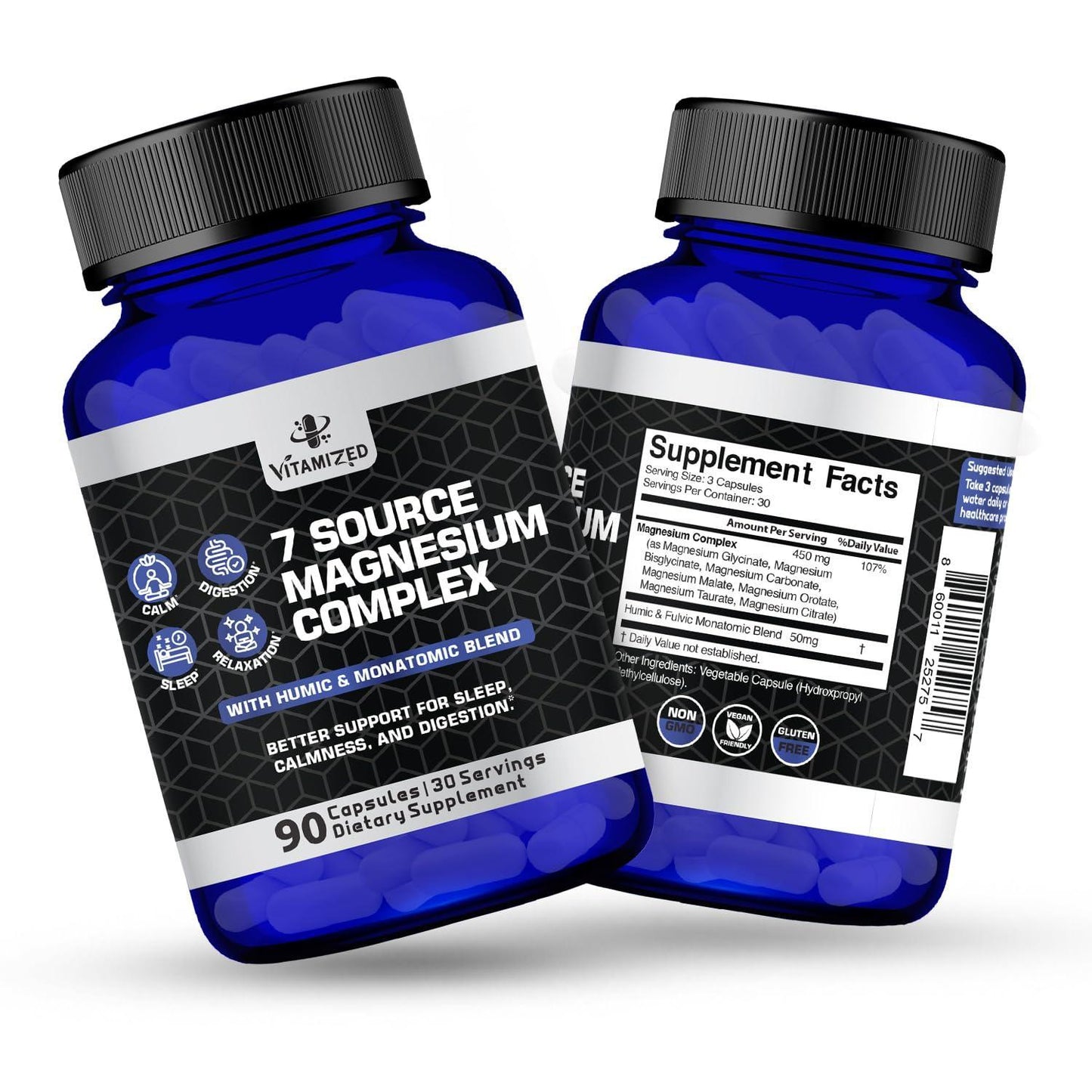 Magnesium Complex for Sleep Relaxation Digestion & Calm – Magnesium Glycinate Citrate Bisglycinate Carbonate Malate Orotate Taurate   Humic Fulvic for High Absorption   90 ct.